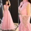 Chinese style Candy Pink Evening Dresses  2019 A-Line / Princess High Neck Appliques Beading Sleeveless Backless Lace Floor-Length / Long Formal Dresses