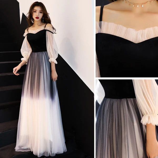 Modern / Fashion Gradient-Color Black Evening Dresses 2019 A-Line / Princess Spaghetti Straps Pleated 3/4 Sleeve Backless Floor-Length / Long Formal Dresses
