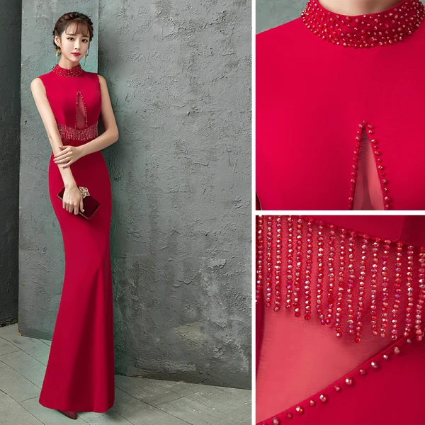 Charming Burgundy Evening Dresses 2019 Trumpet / Mermaid High Neck Beading Crystal Tassel Sleeveless Floor-Length / Long Formal Dresses