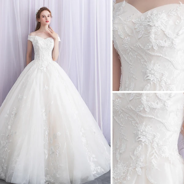 Élégant Ivoire Robe De Mariée 2019 Robe Boule De l'épaule Perlage En Dentelle Appliques Manches Courtes Dos Nu Longue