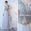 Elegante Grau Abendkleider 2019 A Linie V-Ausschnitt Strass Pailletten Kurze Ärmel Metall Stoffgürtel Rückenfreies Knöchellänge Festliche Kleider