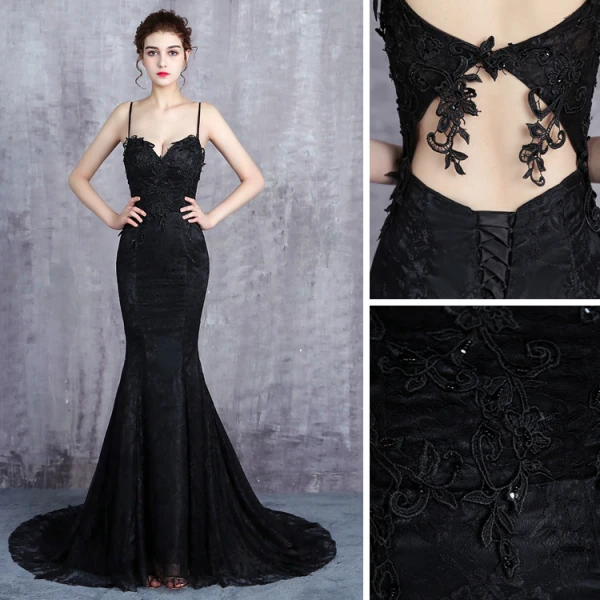 Charmant Noire Robe De Soirée 2019 Trompette / Sirène Bretelles Spaghetti Dentelle Fleur Perlage Paillettes Sans Manches Dos Nu Tribunal Train Robe De Ceremonie