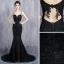Charmant Noire Robe De Soirée 2019 Trompette / Sirène Bretelles Spaghetti Dentelle Fleur Perlage Paillettes Sans Manches Dos Nu Tribunal Train Robe De Ceremonie