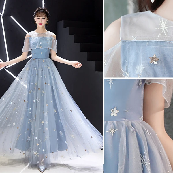 Elegant Sky Blue Evening Dresses  2019 A-Line / Princess Scoop Neck Lace Sequins Appliques Short Sleeve Floor-Length / Long Formal Dresses