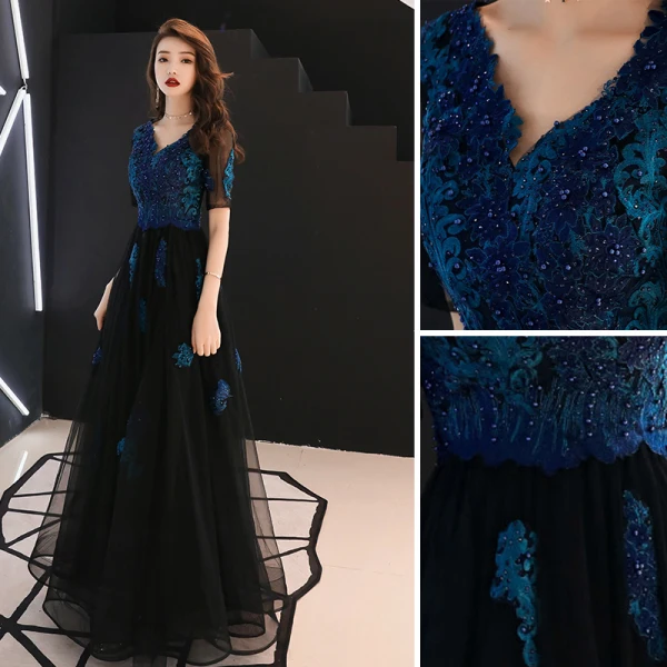 Chic / Belle Bleu Marine Robe De Soirée 2019 Princesse V-Cou En Dentelle Fleur Perlage Cristal Manches Courtes Dos Nu Longue Robe De Ceremonie