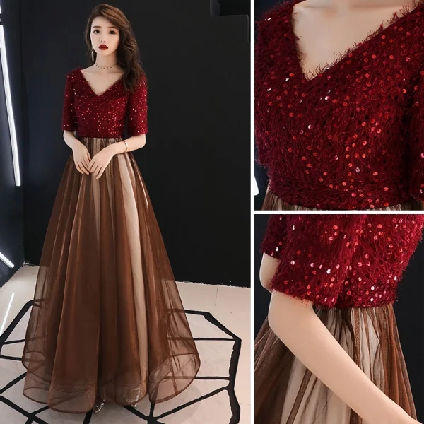Modern / Fashion Burgundy Evening Dresses 2019 A-Line / Princess V-Neck Tassel Sequins 1/2 Sleeves Backless Floor-Length / Long Formal Dresses