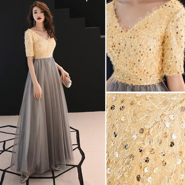 Modern / Fashion Champagne Evening Dresses 2019 A-Line / Princess V-Neck Tassel Sequins 1/2 Sleeves Backless Floor-Length / Long Formal Dresses