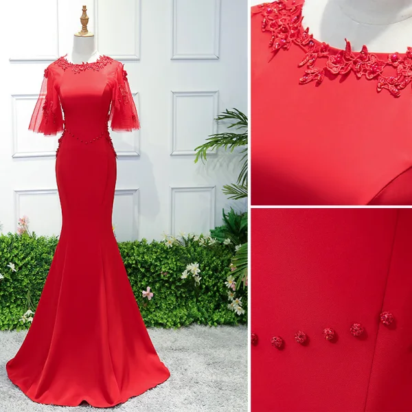 Chic / Belle Bordeaux Robe De Soirée 2019 Trompette / Sirène Encolure Dégagée 1/2 Manches En Dentelle Fleur Perlage Paillettes Train De Balayage Robe De Ceremonie