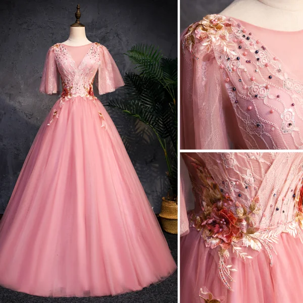 Élégant Rose Bonbon Robe De Bal 2019 Princesse Encolure Dégagée 1/2 Manches Perlage En Dentelle Fleur Dos Nu Longue Robe De Ceremonie