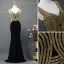 Chic / Belle Noire Doré Robe De Soirée 2019 Trompette / Sirène V-Cou Faux Diamant Sans Manches Dos Nu Train De Balayage Robe De Ceremonie