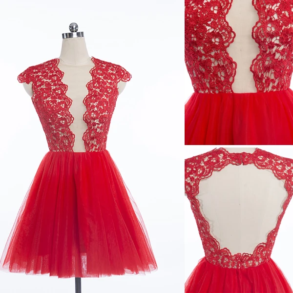 Sexy Rouge Robe De Fete 2018 Courte Encolure Dégagée En Dentelle Fleur Sans Manches Dos Nu Robe De Ceremonie
