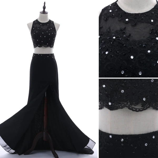 Chic / Belle 2 Pièces Noire Robe De Soirée 2018 Trompette / Sirène Encolure Dégagée Sans Manches Perlage En Dentelle Fleur Paillettes Faux Diamant Dos Nu Train De Balayage Robe De Ceremonie