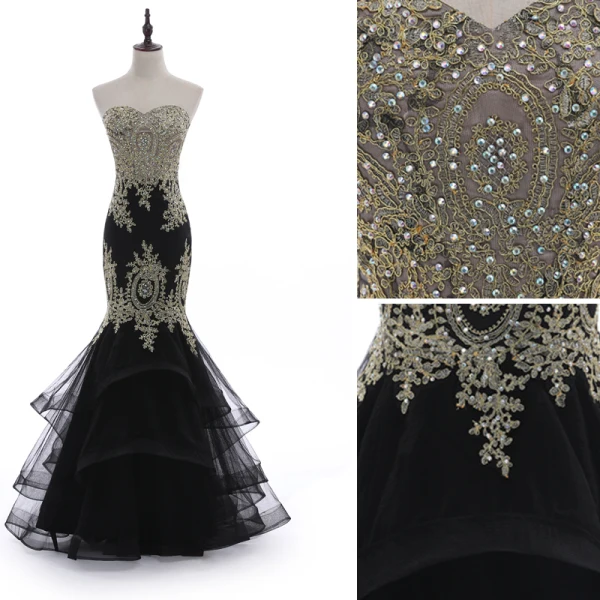 Charmant Noire Robe De Soirée 2018 Trompette / Sirène Bustier Dos Nu En Dentelle Fleur Faux Diamant Sans Manches Longue Robe De Ceremonie