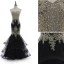 Charmant Noire Robe De Soirée 2018 Trompette / Sirène Bustier Dos Nu En Dentelle Fleur Faux Diamant Sans Manches Longue Robe De Ceremonie