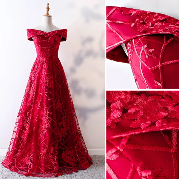Chic / Beautiful Red Evening Dresses 2019 A-Line / Princess Off-The-Shoulder Lace Flower Short Sleeve Backless Floor-Length / Long Formal Dresses