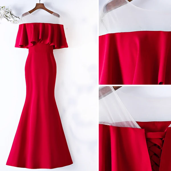 Chic / Beautiful Burgundy Evening Dresses 2019 Trumpet / Mermaid Scoop Neck 1/2 Sleeves Backless Floor-Length / Long Formal Dresses