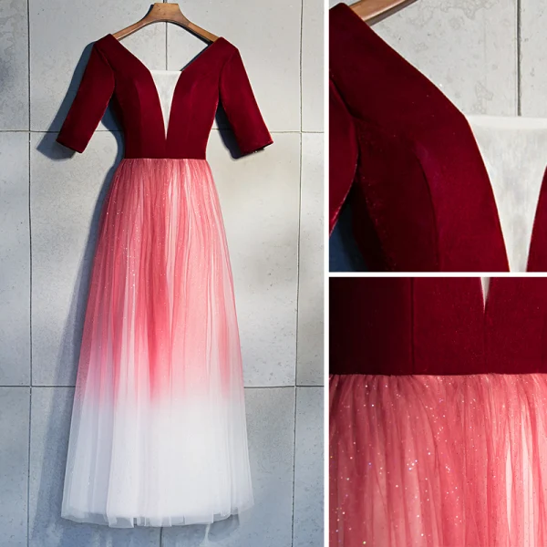 Chic / Beautiful Burgundy Evening Dresses 2019 A-Line / Princess V-Neck Suede 1/2 Sleeves Backless Sequins Floor-Length / Long Formal Dresses