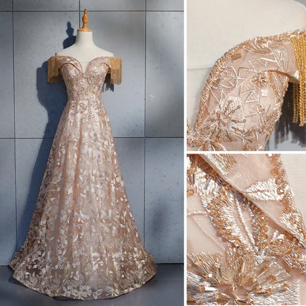 Élégant Champagne Robe De Soirée 2019 Princesse De l'épaule Perlage Gland Manches Courtes En Dentelle Fleur Cristal Dos Nu Longue Robe De Ceremonie