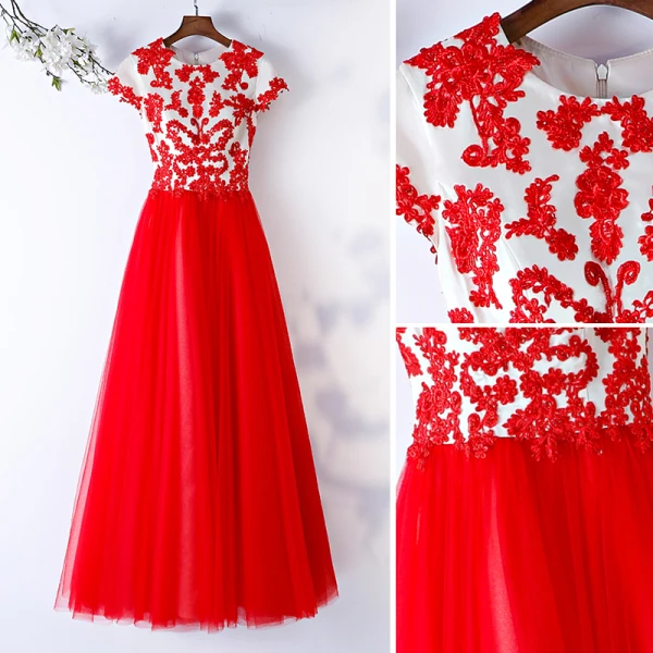 Chic / Belle Rouge Robe De Bal 2019 Princesse Encolure Dégagée En Dentelle Fleur Perlage Manches Courtes Longue Robe De Ceremonie