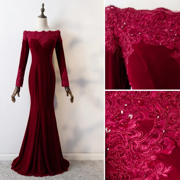 Elegante Bordeaux Avondjurken 2019 Trompet / Zeemeermin Kant Bloem Vierkante Halslijn Kralen Kristal Pailletten Suede Lange Mouwen Lange Gelegenheid Jurken
