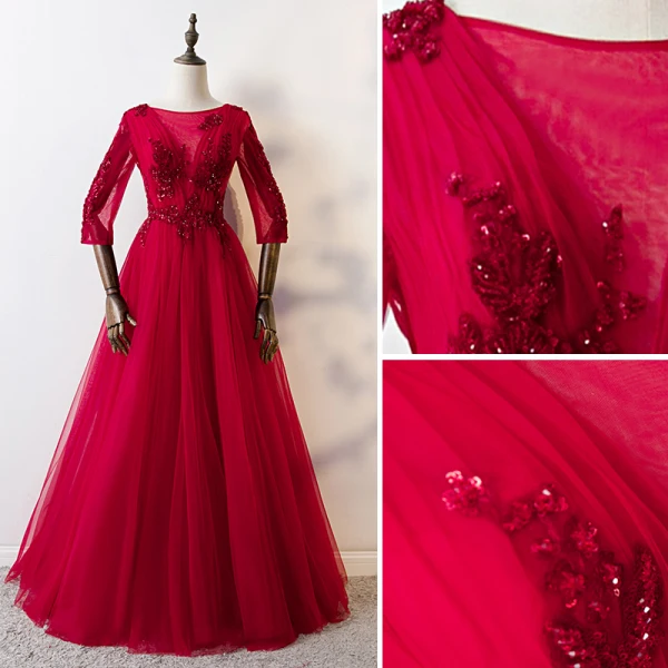Chic / Beautiful Burgundy Prom Dresses 2019 A-Line / Princess Scoop Neck 3/4 Sleeve Beading Lace Sequins Crystal Backless Floor-Length / Long Formal Dresses