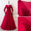 Chic / Beautiful Burgundy Prom Dresses 2019 A-Line / Princess Scoop Neck 3/4 Sleeve Beading Lace Sequins Crystal Backless Floor-Length / Long Formal Dresses