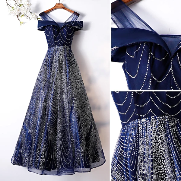 Charming Glitter Navy Blue Evening Dresses 2019 A-Line / Princess Scoop Neck Short Sleeve Backless Floor-Length / Long Formal Dresses