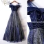Charming Glitter Navy Blue Evening Dresses  2019 A-Line / Princess Scoop Neck Short Sleeve Backless Floor-Length / Long Formal Dresses