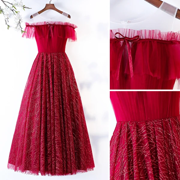 Chic / Beautiful Glitter Burgundy Prom Dresses 2019 A-Line / Princess Scoop Neck Ruffle Short Sleeve Floor-Length / Long Formal Dresses