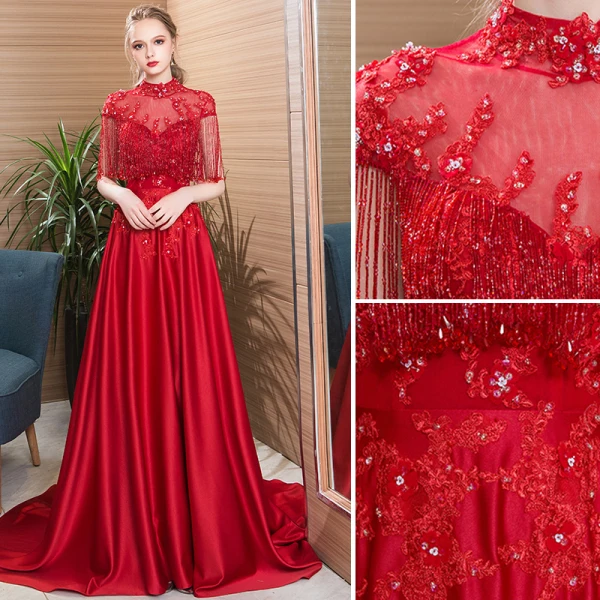 Classic Burgundy Evening Dresses 2019 A-Line / Princess High Neck Beading Crystal Tassel Short Sleeve Backless Lace Flower Court Train Formal Dresses