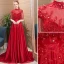 Classic Burgundy Evening Dresses  2019 A-Line / Princess High Neck Beading Crystal Tassel Short Sleeve Backless Lace Flower Court Train Formal Dresses