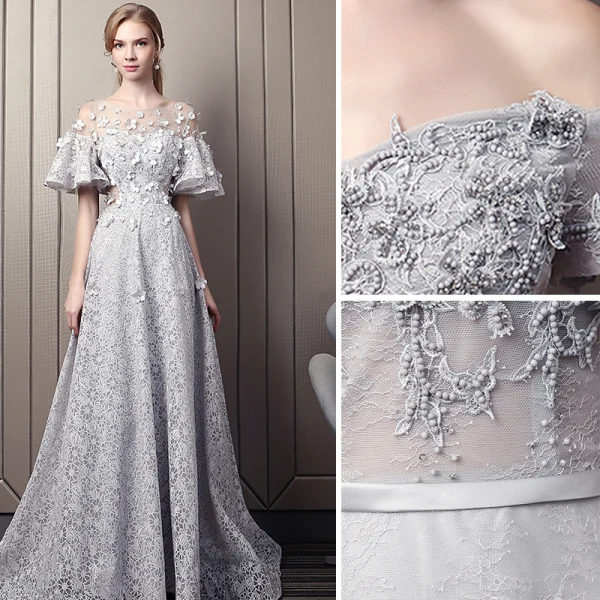 Élégant Gris Robe De Soirée 2019 Princesse De l'épaule Perlage En Dentelle Fleur Manches Courtes Dos Nu Longue Robe De Ceremonie