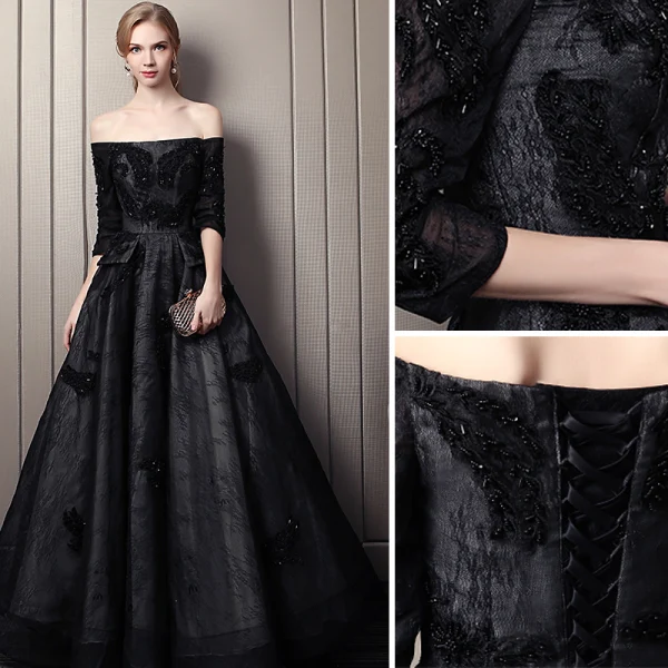 Elegante Schwarz Abendkleider 2019 A Linie Off Shoulder Perlenstickerei Spitze Blumen Kristall 3/4 Ärmel Rückenfreies Lange Festliche Kleider