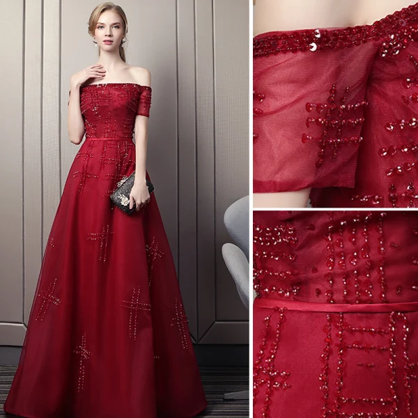 Chic / Beautiful Burgundy Evening Dresses 2019 A-Line / Princess Off-The-Shoulder Beading Crystal Sequins Short Sleeve Backless Floor-Length / Long Formal Dresses