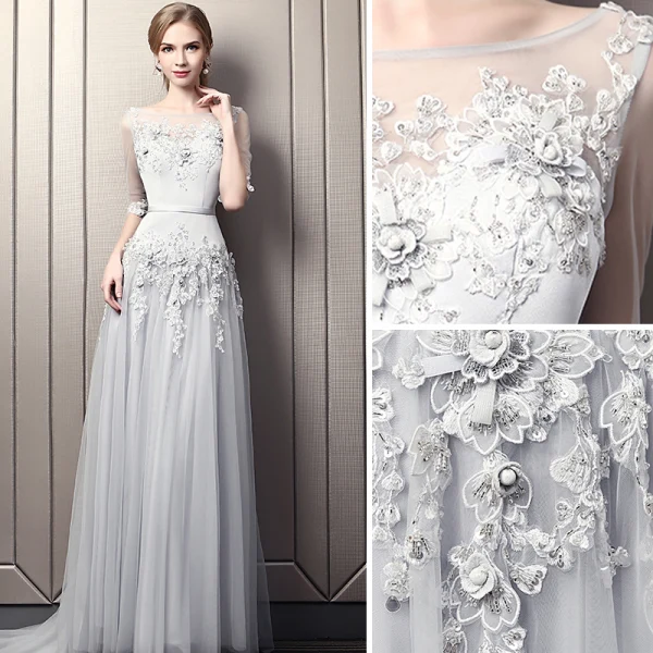 Elegant Grey Evening Dresses 2019 A-Line / Princess Scoop Neck Beading Crystal Lace Flower Sequins 1/2 Sleeves Backless Court Train Formal Dresses
