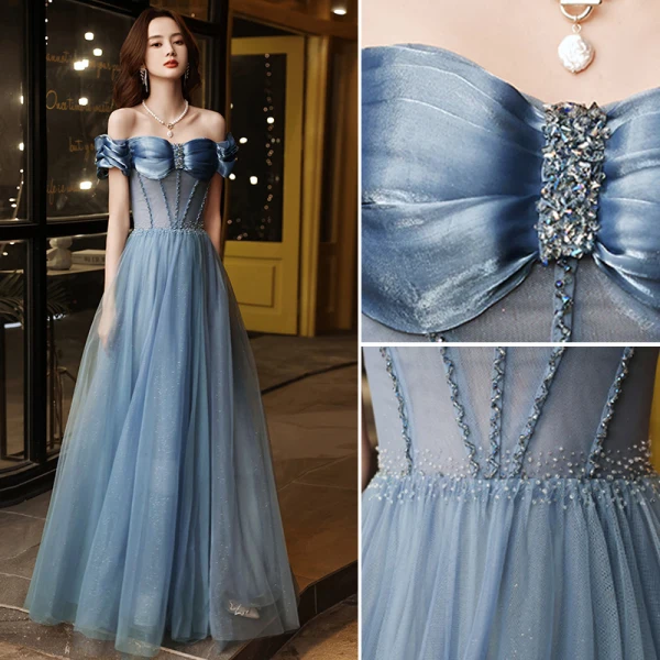 Chic / Belle Bleu Ciel Robe De Bal 2021 Princesse De l'épaule Perlage Manches Courtes Dos Nu Longue Robe De Ceremonie