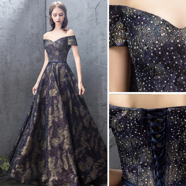 Elegant Navy Blue Prom Dresses 2019 A-Line / Princess Off-The-Shoulder Lace Rhinestone Short Sleeve Backless Floor-Length / Long Formal Dresses