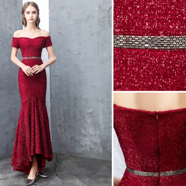 Scintillantes Bordeaux Robe De Soirée 2019 Trompette / Sirène De l'épaule Dentelle Paillettes Manches Courtes Dos Nu Ceinture Asymétrique Robe De Ceremonie