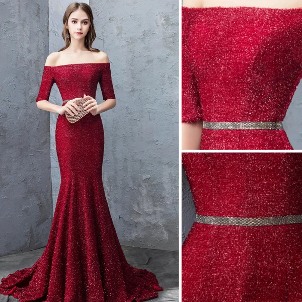 Scintillantes Bordeaux Robe De Soirée 2019 Trompette / Sirène De l'épaule Dentelle Paillettes Manches Courtes Dos Nu Ceinture Tribunal Train Robe De Ceremonie