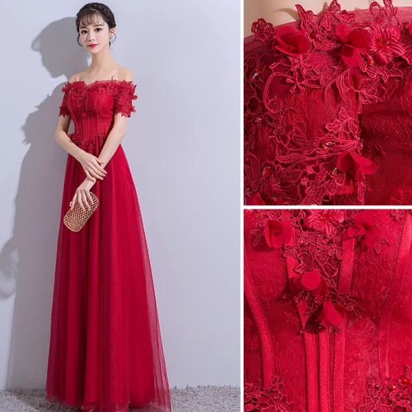 Chic / Beautiful Burgundy Evening Dresses  2019 A-Line / Princess Off-The-Shoulder Appliques Lace Flower Crystal Short Sleeve Backless Floor-Length / Long Formal Dresses