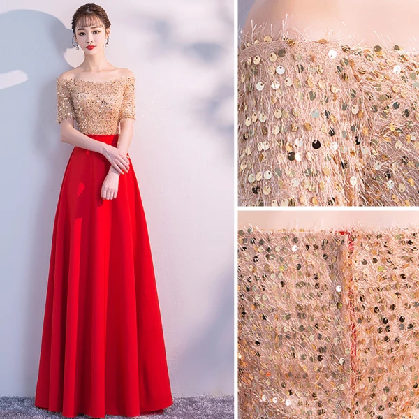 Elegante Rot Abendkleider 2019 A Linie Off Shoulder Pailletten Spitze Quaste Kurze Ärmel Rückenfreies Lange Festliche Kleider
