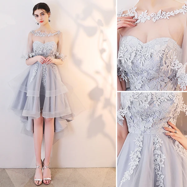 Chic / Belle Gris Robe De Cocktail 2019 Princesse Encolure Dégagée En Dentelle Appliques 1/2 Manches Dos Nu Asymétrique Robe De Ceremonie