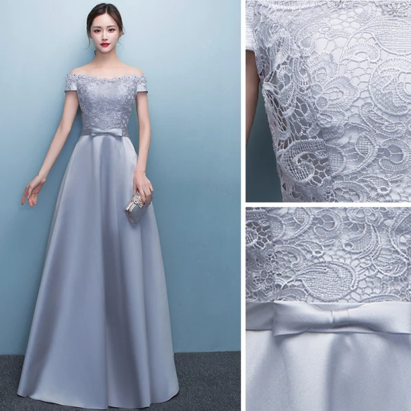 Erschwinglich Silber Abendkleider 2019 A Linie Off Shoulder Schleife Spitze Kurze Ärmel Rückenfreies Lange Festliche Kleider