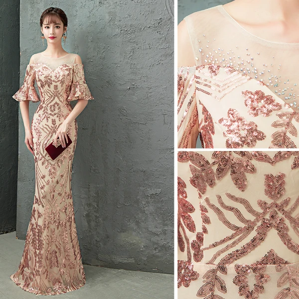 Charming Champagne Evening Dresses Trumpet / Mermaid 2019 Scoop Neck Sequins Rhinestone Bell sleeves Floor-Length / Long Formal Dresses
