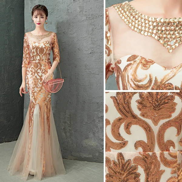 Charming Gold Evening Dresses 2019 Trumpet / Mermaid Scoop Neck Crystal Sequins 1/2 Sleeves Backless Floor-Length / Long Formal Dresses