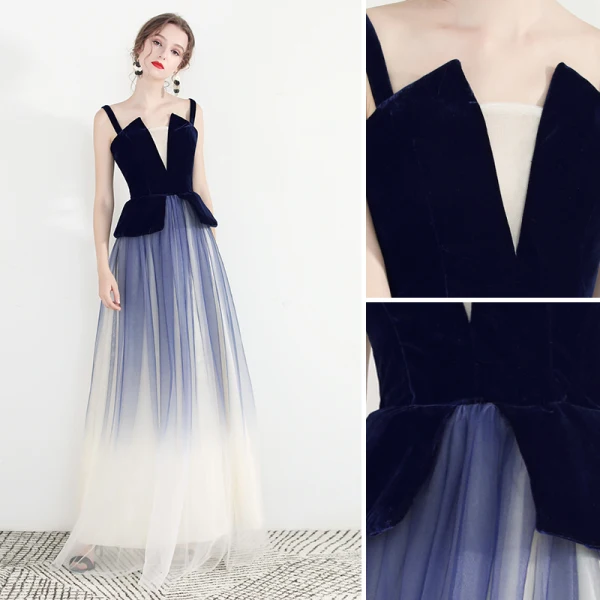 Chic / Belle Bleu Marine Dégradé De Couleur Robe De Soirée 2019 Princesse Bretelles Spaghetti Sans Manches Dos Nu Longue Robe De Ceremonie