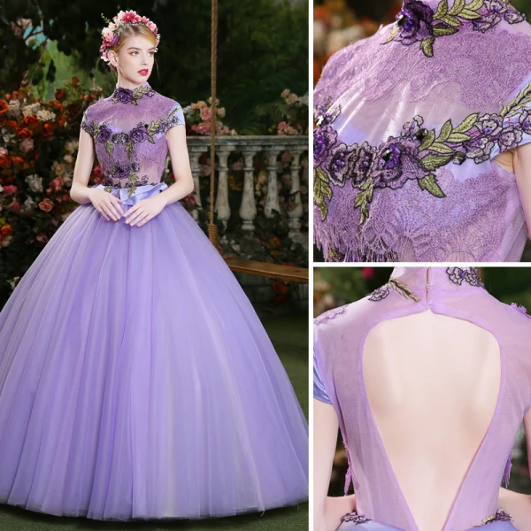 Affordable Lilac Prom Dresses 2019 Ball Gown High Neck Crystal Lace Flower Short Sleeve Backless Floor-Length / Long Formal Dresses
