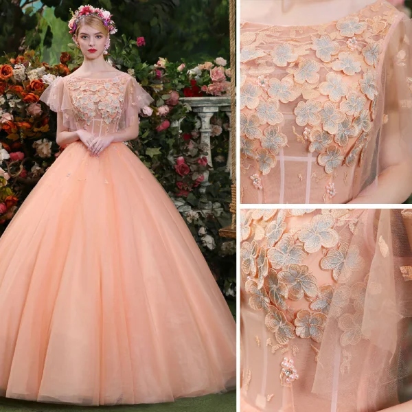 Affordable Pearl Pink Prom Dresses 2019 Ball Gown Scoop Neck Lace Appliques Pearl Short Sleeve Backless Floor-Length / Long Formal Dresses