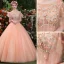 Affordable Pearl Pink Prom Dresses 2019 Ball Gown Scoop Neck Lace Appliques Pearl Short Sleeve Backless Floor-Length / Long Formal Dresses