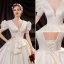 Victorian Style Vintage / Retro Affordable Ivory Ball Gown Wedding Dresses 2021 Deep V-Neck Bow Short Sleeve Backless Floor-Length / Long Wedding